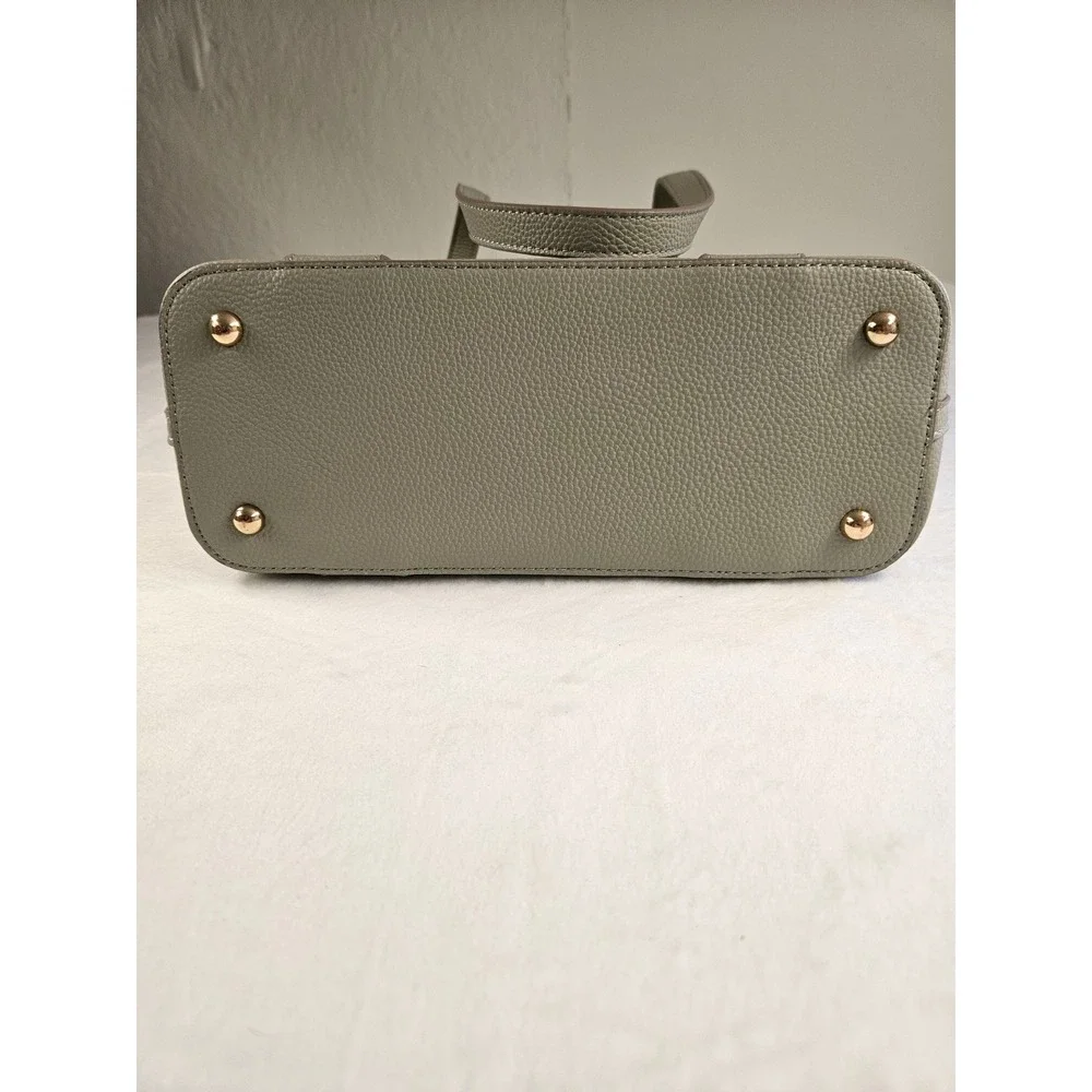 Nanette Lepore Canvas Tote Bag Sage Green Pebbled Trim Shoulder Bag Gold Hardwar - Picture 4 of 11
